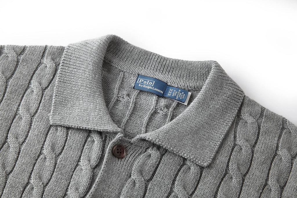 Polo Ralph Lauren Men’s Cable‑Knit Collared Button‑Up Cardigan With Navy Pony Embroidery